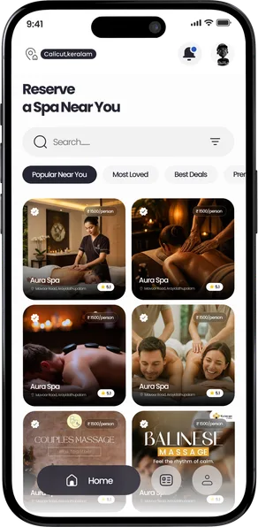 The Tag My Spa home screen, listing verified spas near the guest.